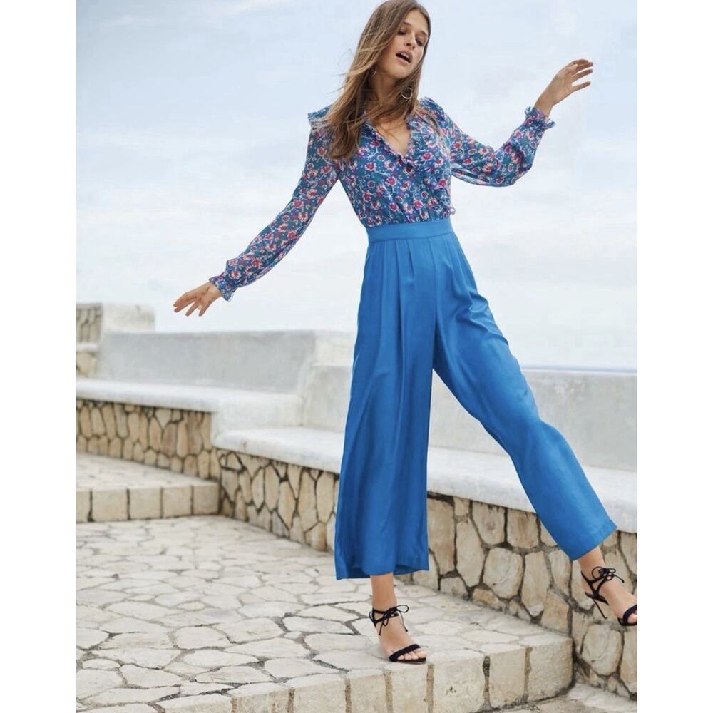 Boden Melody Silk Blend Jumpsuit Womens Size 4 Blue Floral Ruffle - Picture 2 of 15